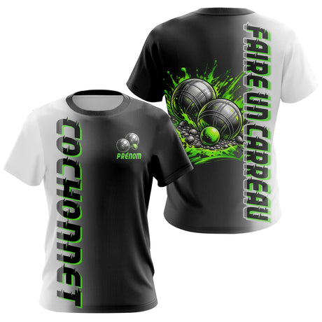 Polo Pétanque Faire un Carreau - Noir Blanc & Vert Néon - T-Shirt Femme