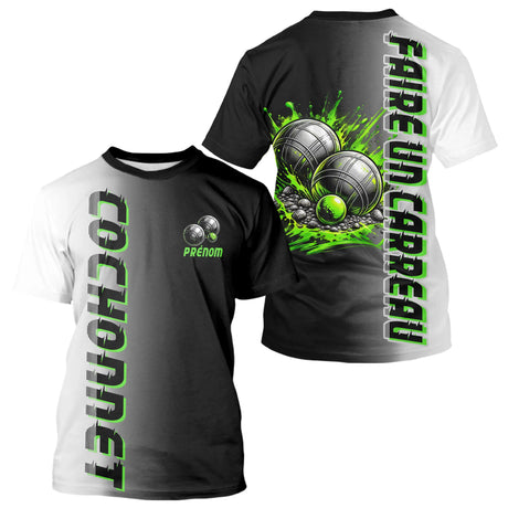Polo Pétanque Faire un Carreau - Noir Blanc & Vert Néon - T-Shirt Homme
