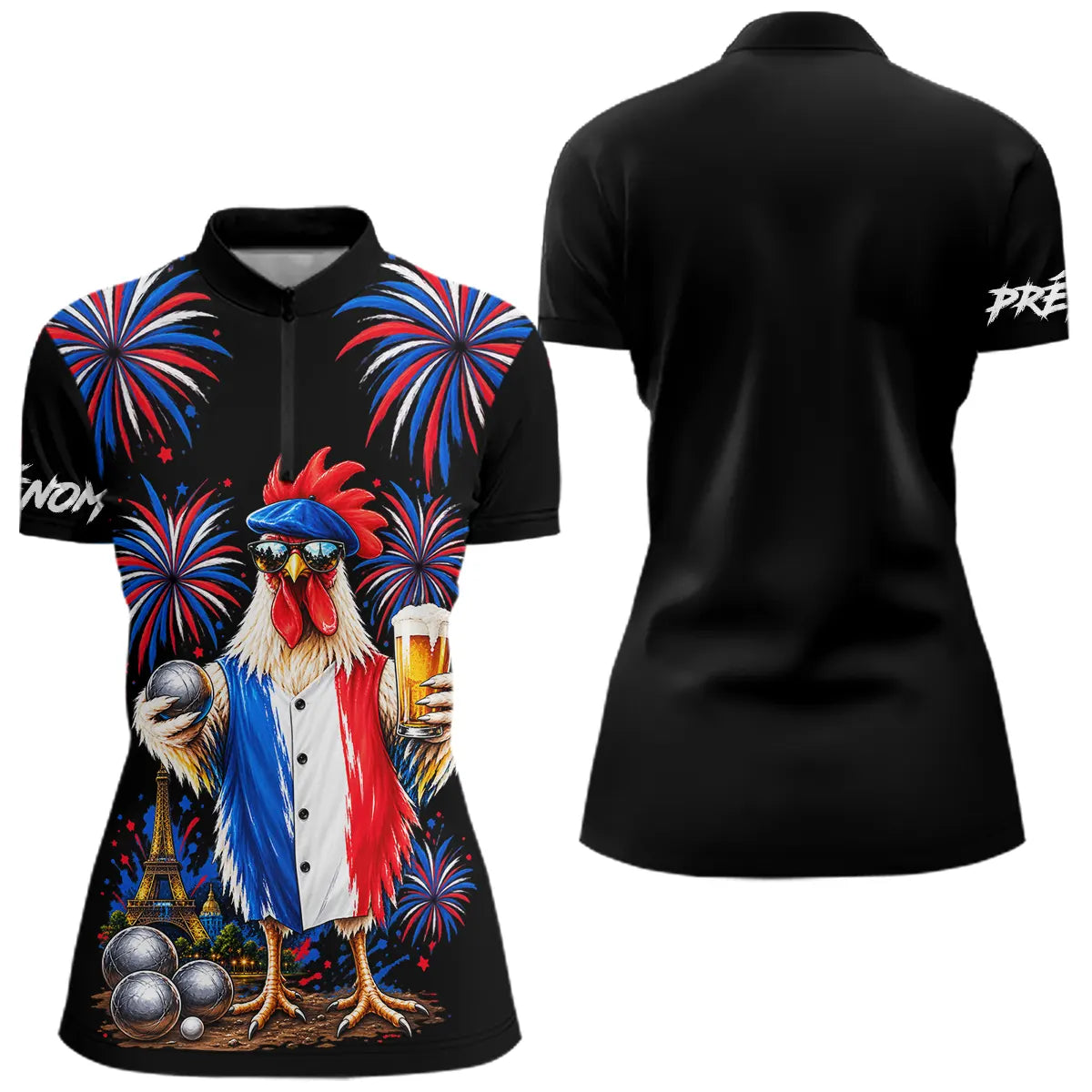 Polo Pétanque Français Noir Personnalisé - Coq & Apéro - Polo Zippé Femme