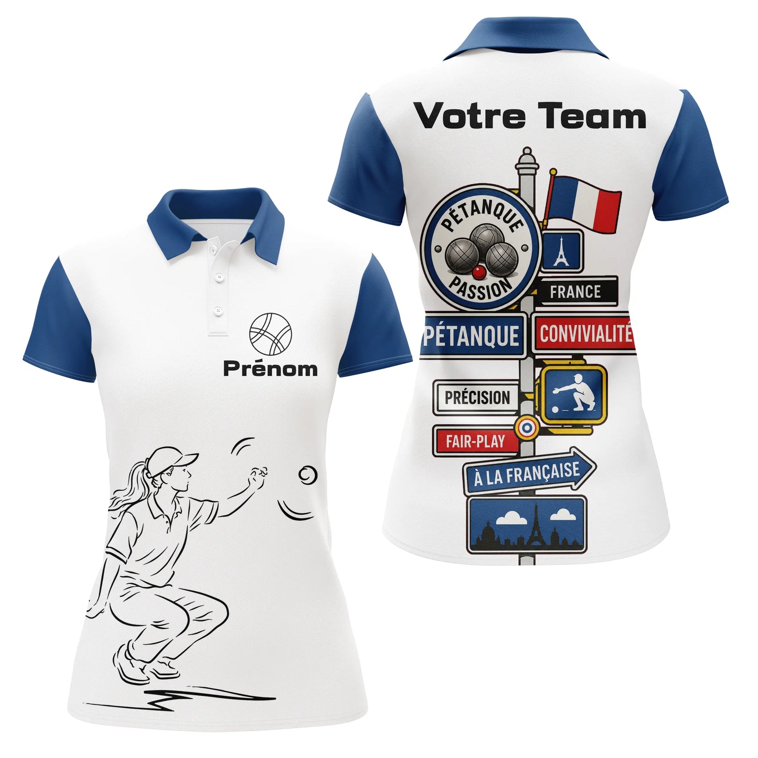 Polo Pétanque Française Personnalisé - Bleu Blanc Homme Femme - Polo Femme