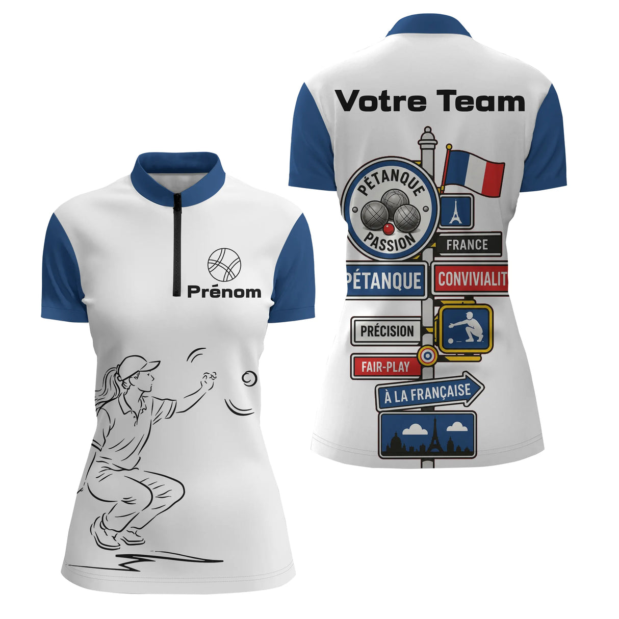 Polo Pétanque Française Personnalisé - Bleu Blanc Homme Femme - Polo Zippé Femme