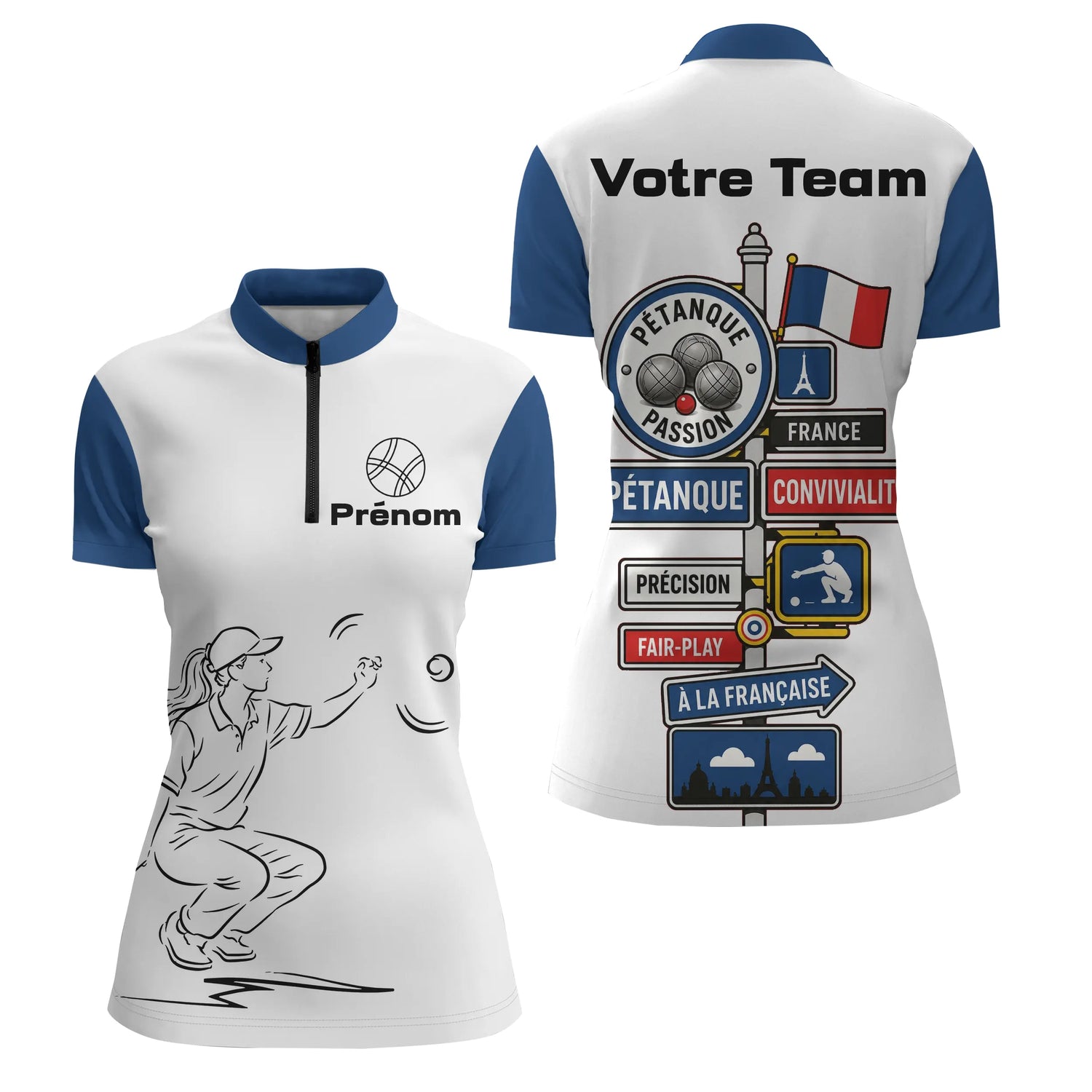 Polo Pétanque Française Personnalisé - Bleu Blanc Homme Femme - Polo Zippé Femme