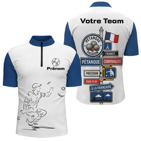 Polo Pétanque Française Personnalisé - Bleu Blanc Homme Femme - Polo Zippé Homme
