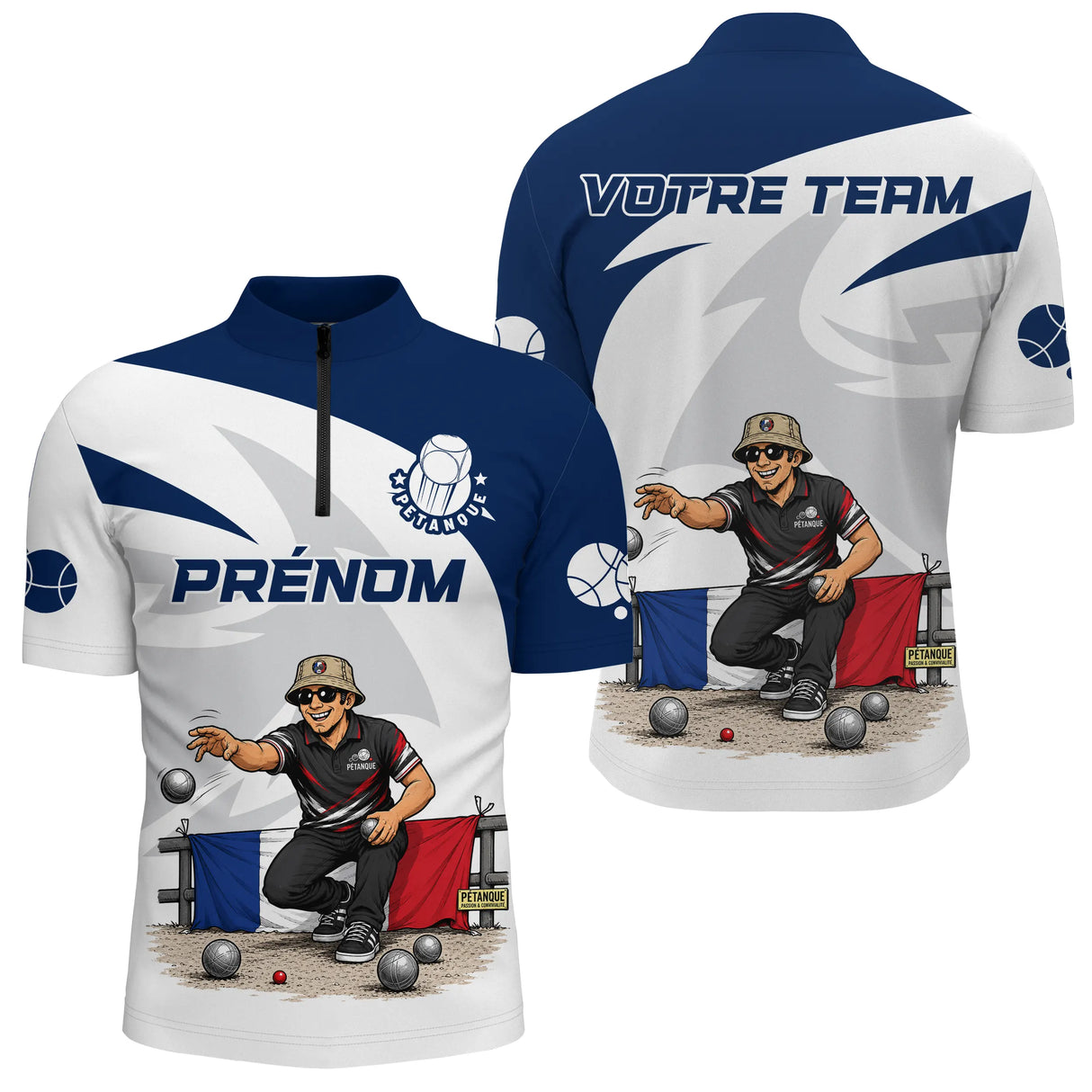 Polo Pétanque Française Personnalisé - Prénom Équipe Bleu - Polo Zippé Homme