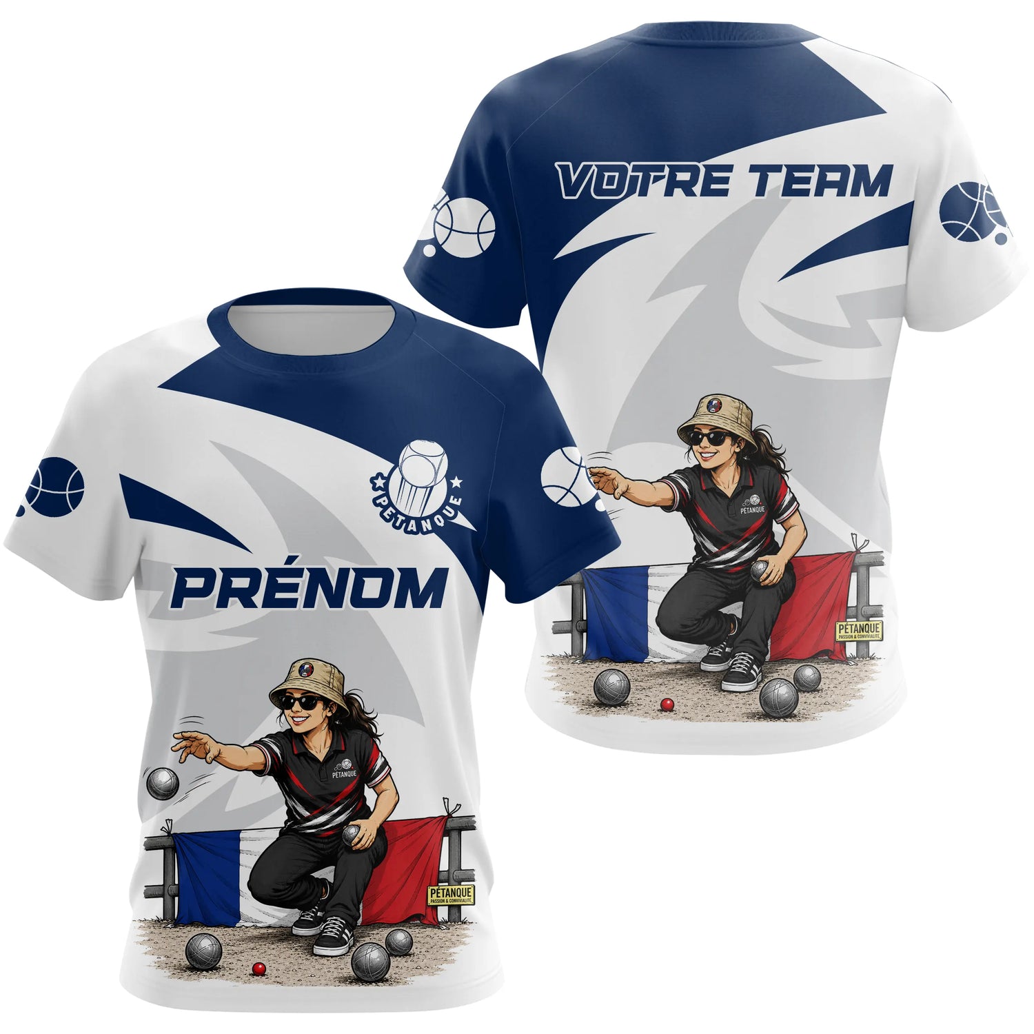 Polo Pétanque Française Personnalisé - Prénom Équipe Bleu - T-Shirt Femme