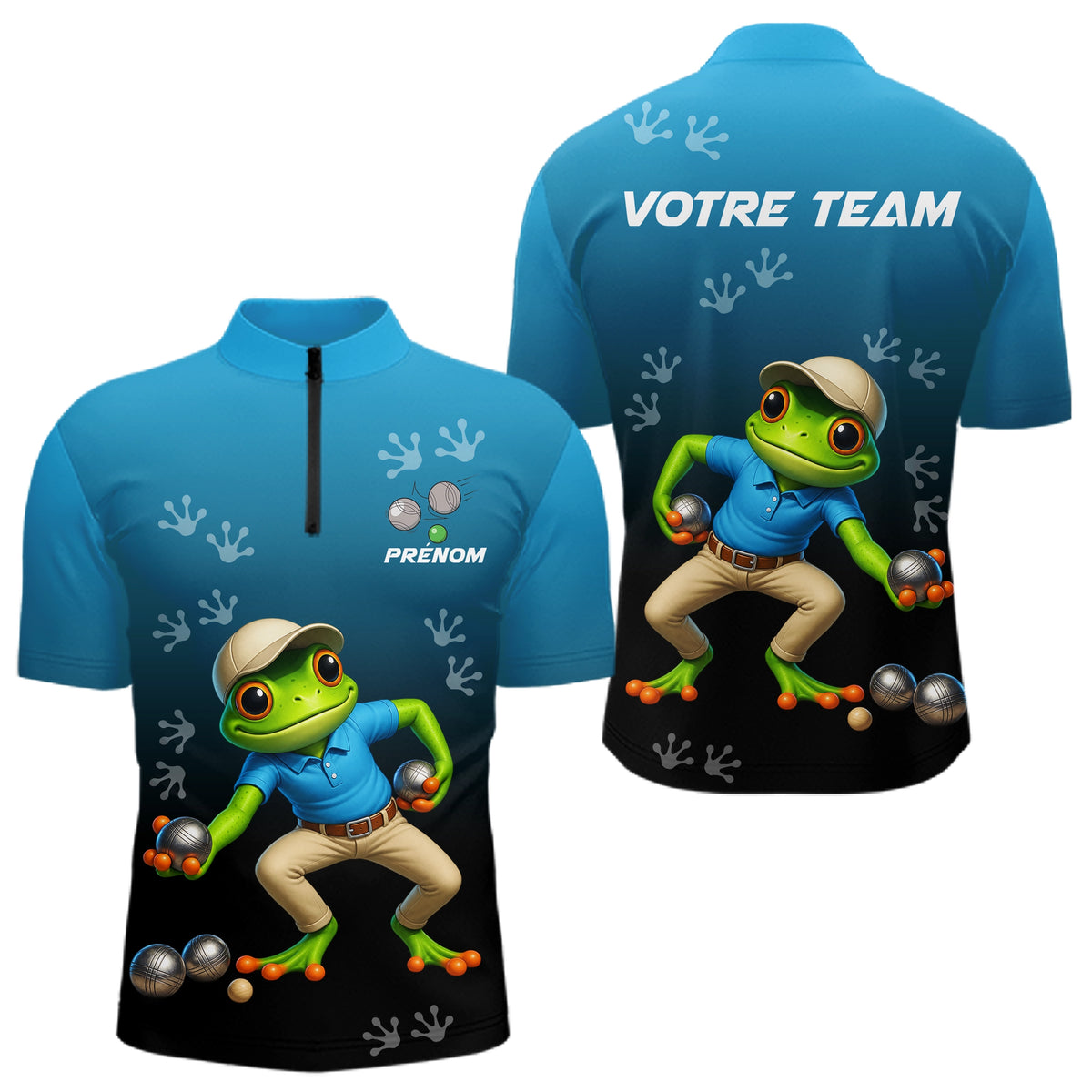 Polo Pétanque Grenouille France - Bleu & Noir Personnalisé - Polo Zippé Homme