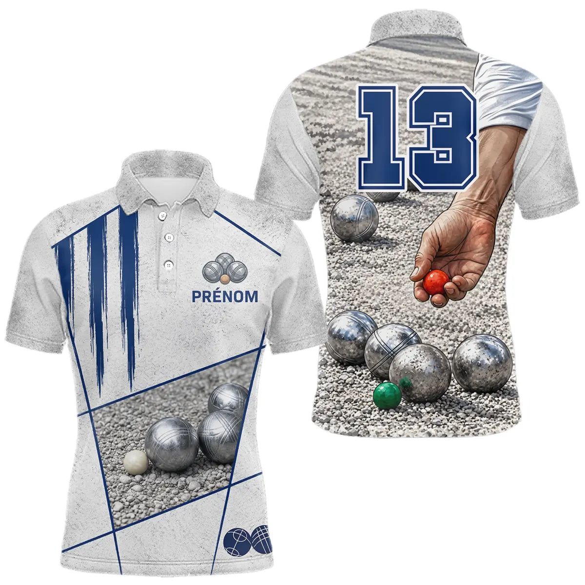 Polo Pétanque Gris & Bleu Marine - Numéro 13 Personnalisé - Polo Homme
