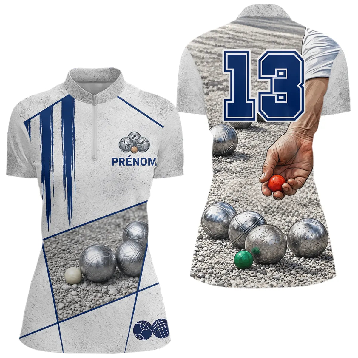 Polo Pétanque Gris & Bleu Marine - Numéro 13 Personnalisé - Polo Zippé Femme