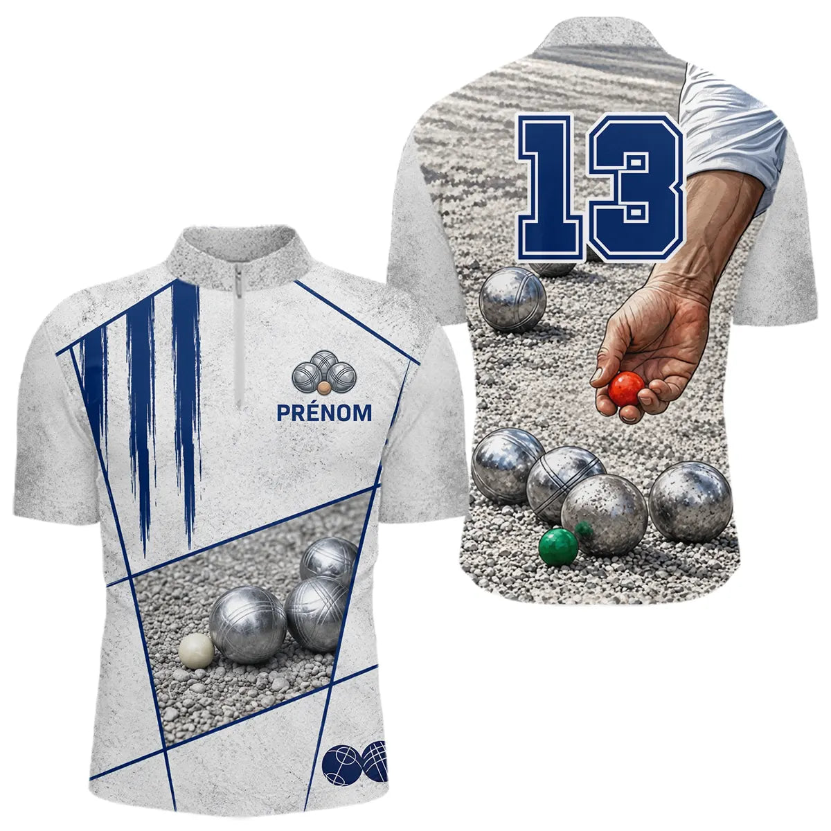Polo Pétanque Gris & Bleu Marine - Numéro 13 Personnalisé - Polo Zippé Homme