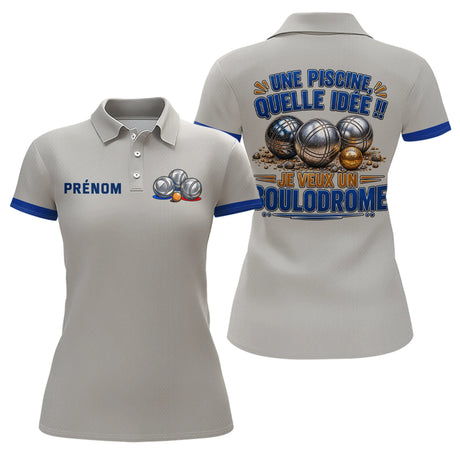 Polo Pétanque Gris & Bleu Personnalisé - Je Veux Boulodrome - Polo Femme