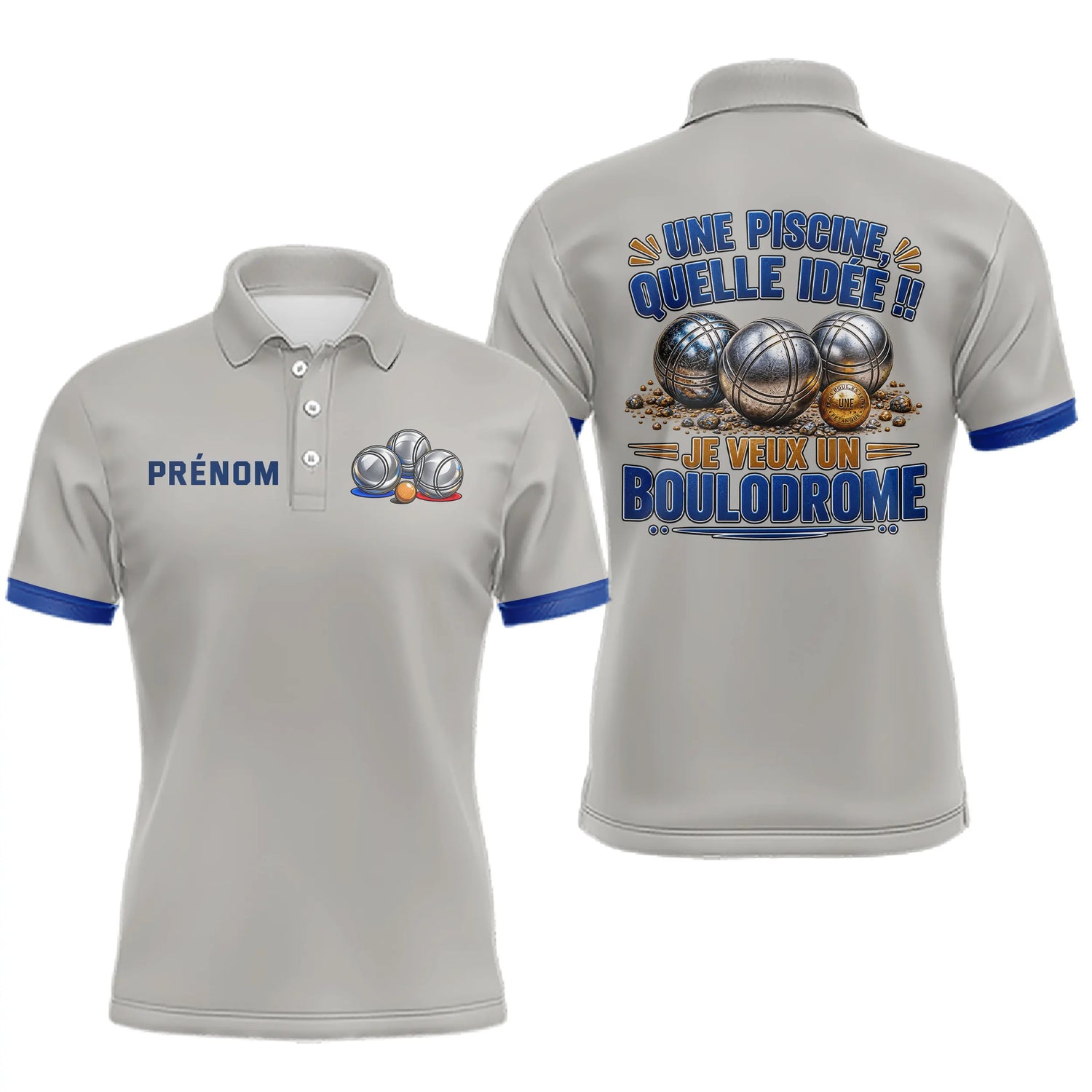 Polo Pétanque Gris & Bleu Personnalisé - Je Veux Boulodrome - Polo Homme