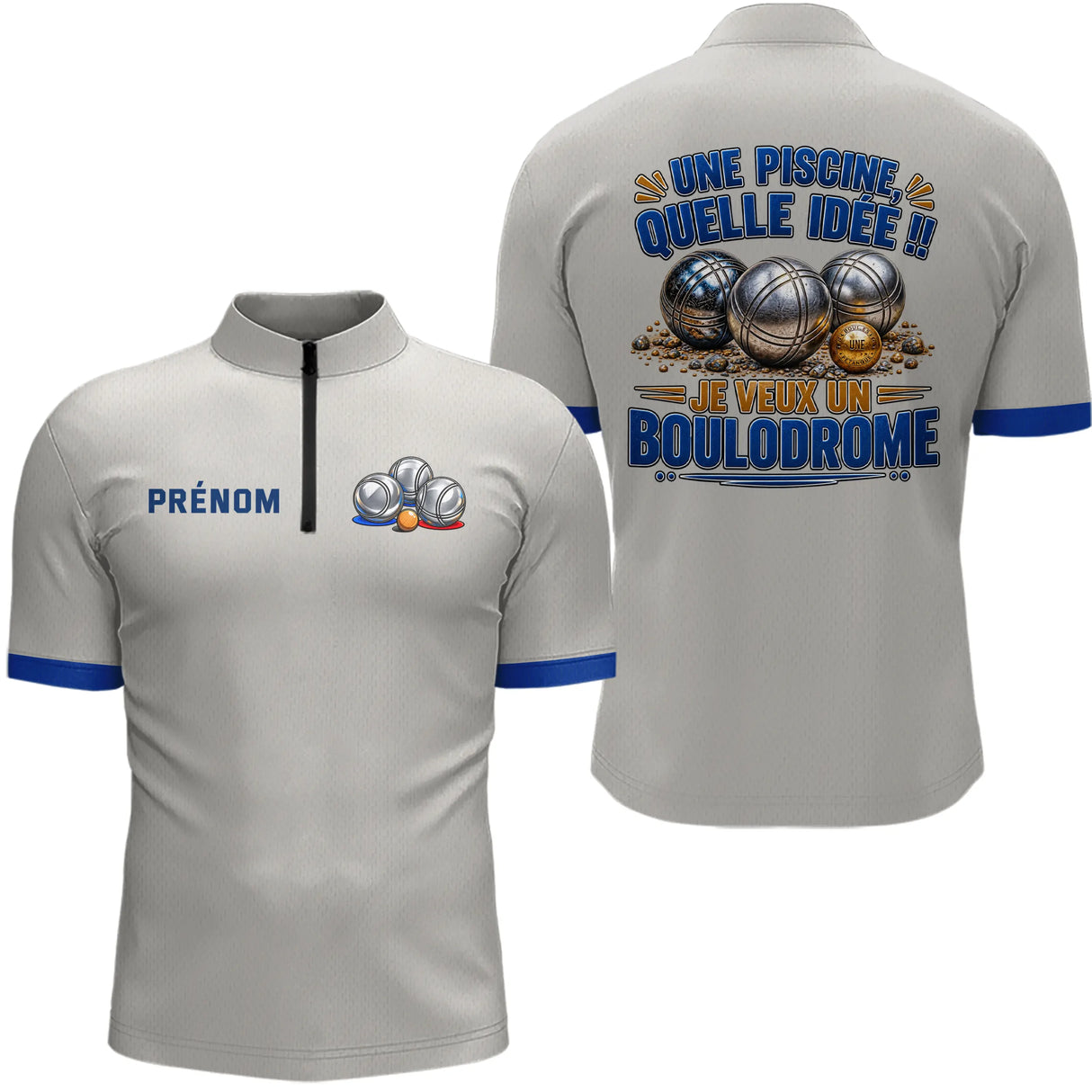 Polo Pétanque Gris & Bleu Personnalisé - Je Veux Boulodrome - Polo Zippé Homme