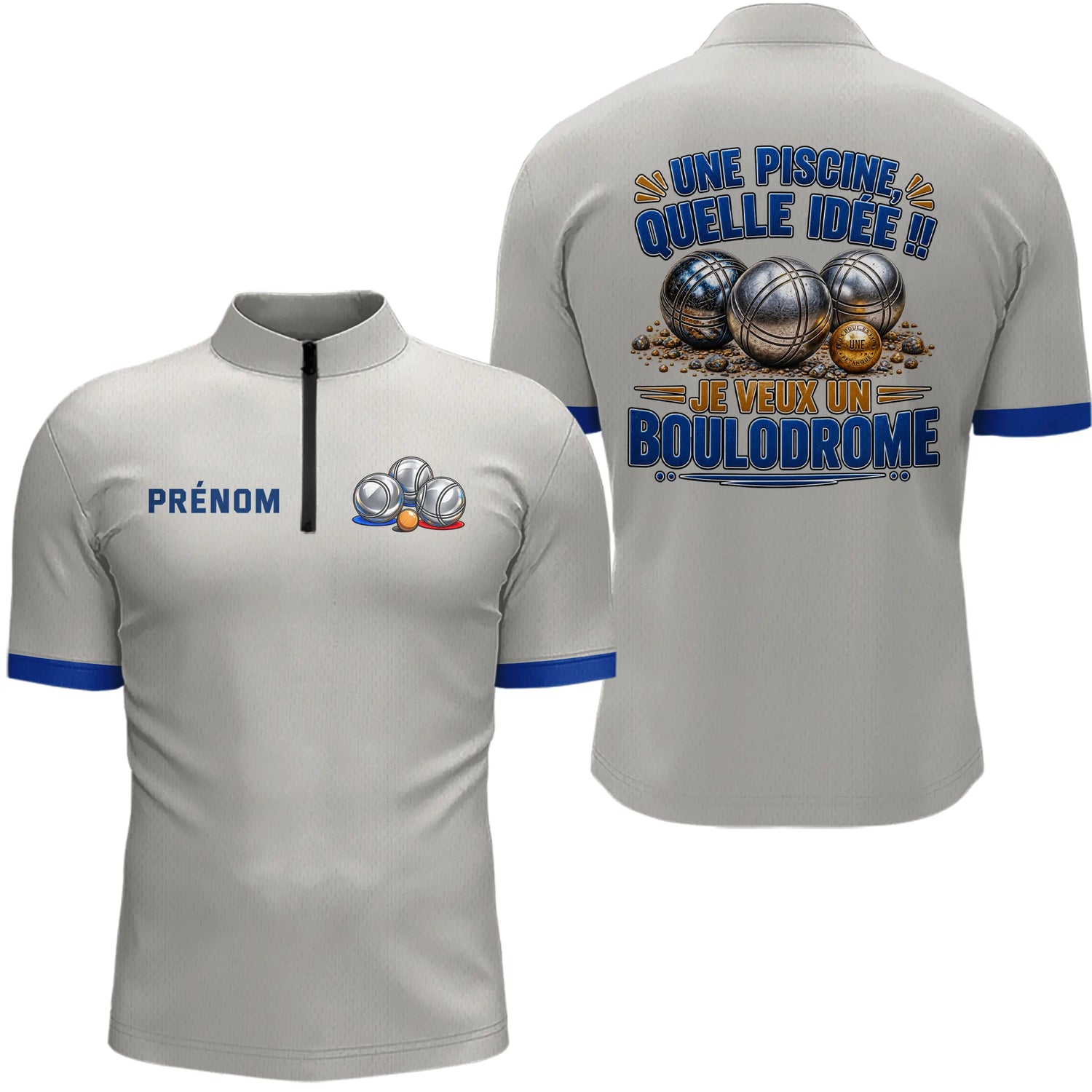 Polo Pétanque Gris & Bleu Personnalisé - Je Veux Boulodrome - Polo Zippé Homme