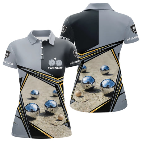 Polo Pétanque Gris Noir Or Personnalisé - Cadeau Passionné - Polo Femme