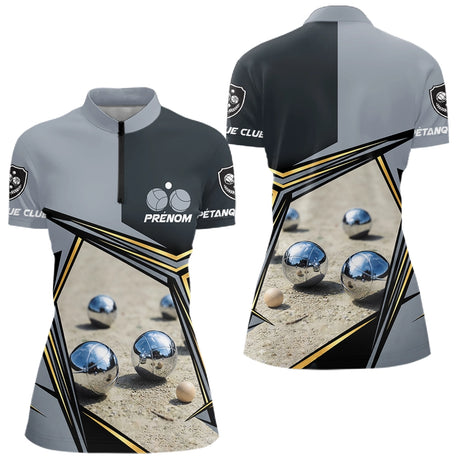 Polo Pétanque Gris Noir Or Personnalisé - Cadeau Passionné - Polo Zippé Femme
