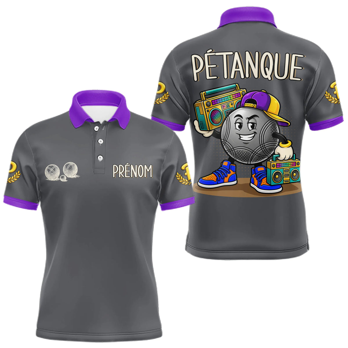 Polo Pétanque Gris & Violet Personnalisé - Style Hip Hop - Polo Homme