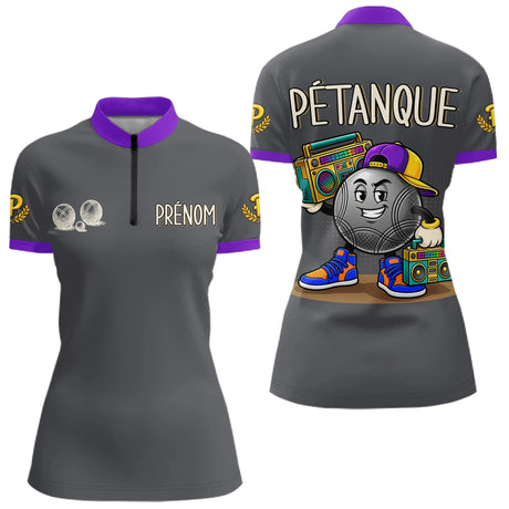 Polo Pétanque Gris & Violet Personnalisé - Style Hip Hop - Polo Zippé Femme