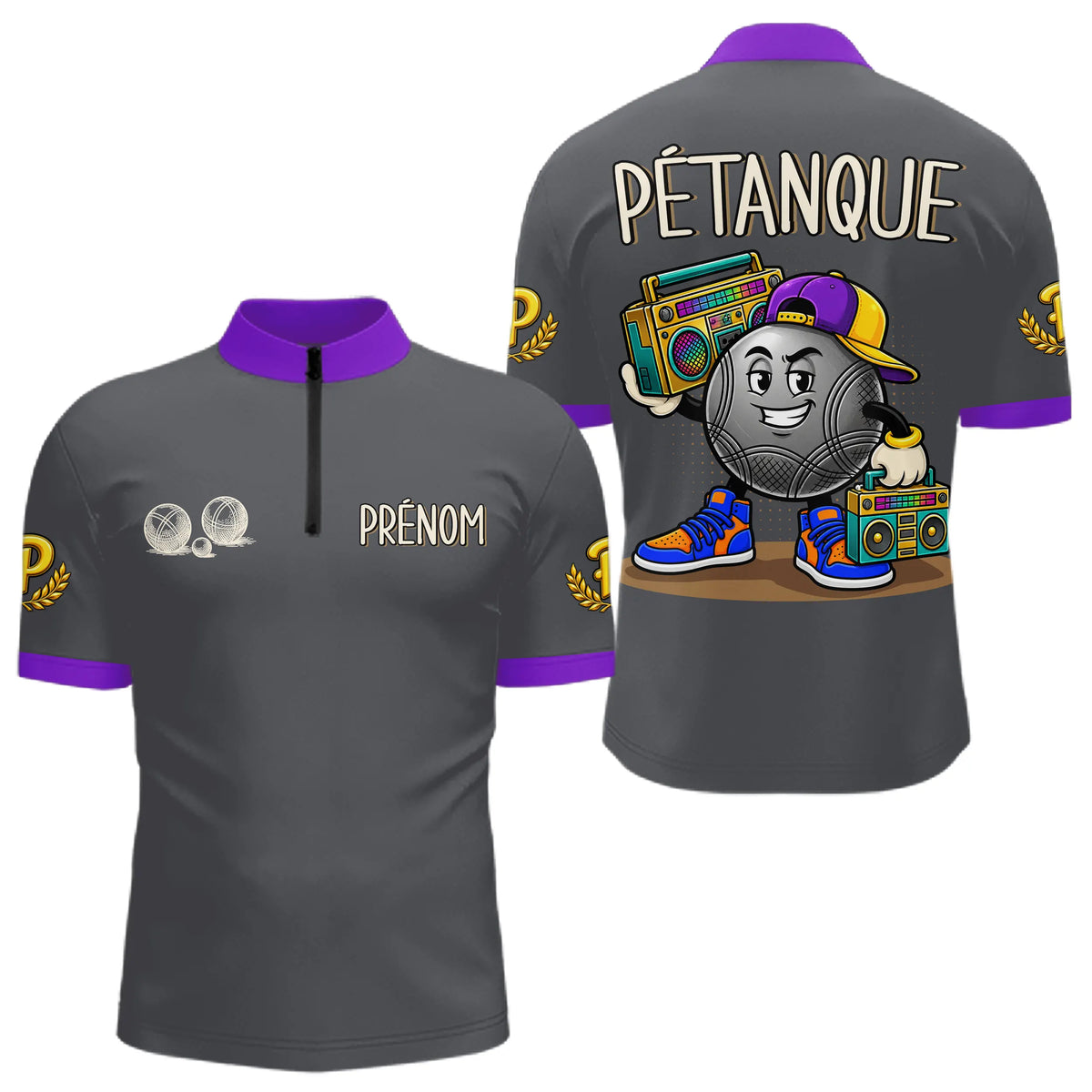 Polo Pétanque Gris & Violet Personnalisé - Style Hip Hop - Polo Zippé Homme