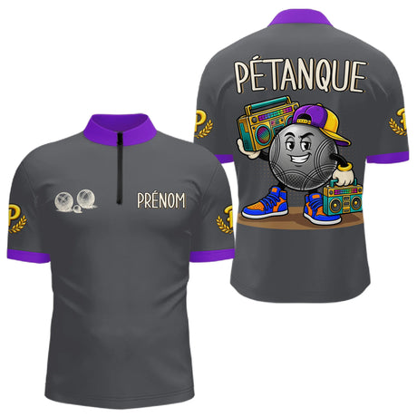 Polo Pétanque Gris & Violet Personnalisé - Style Hip Hop - Polo Zippé Homme