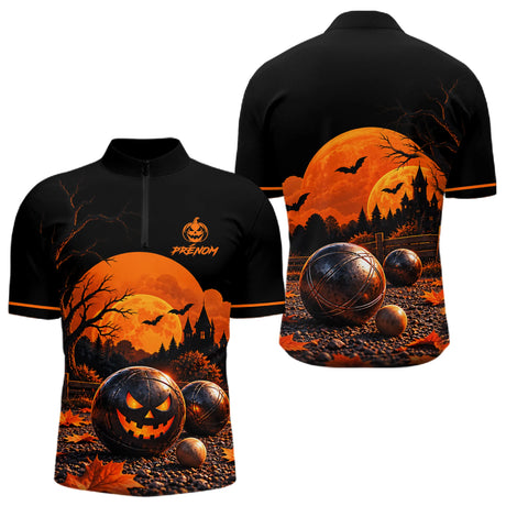 Polo Pétanque Halloween - Boules Orange Noir Personnalisé - Polo Zippé Homme