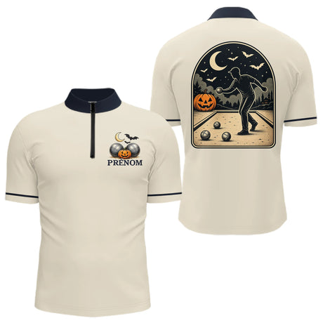 Polo Pétanque Halloween Beige Homme Personnalisé - Polo Zippé Homme