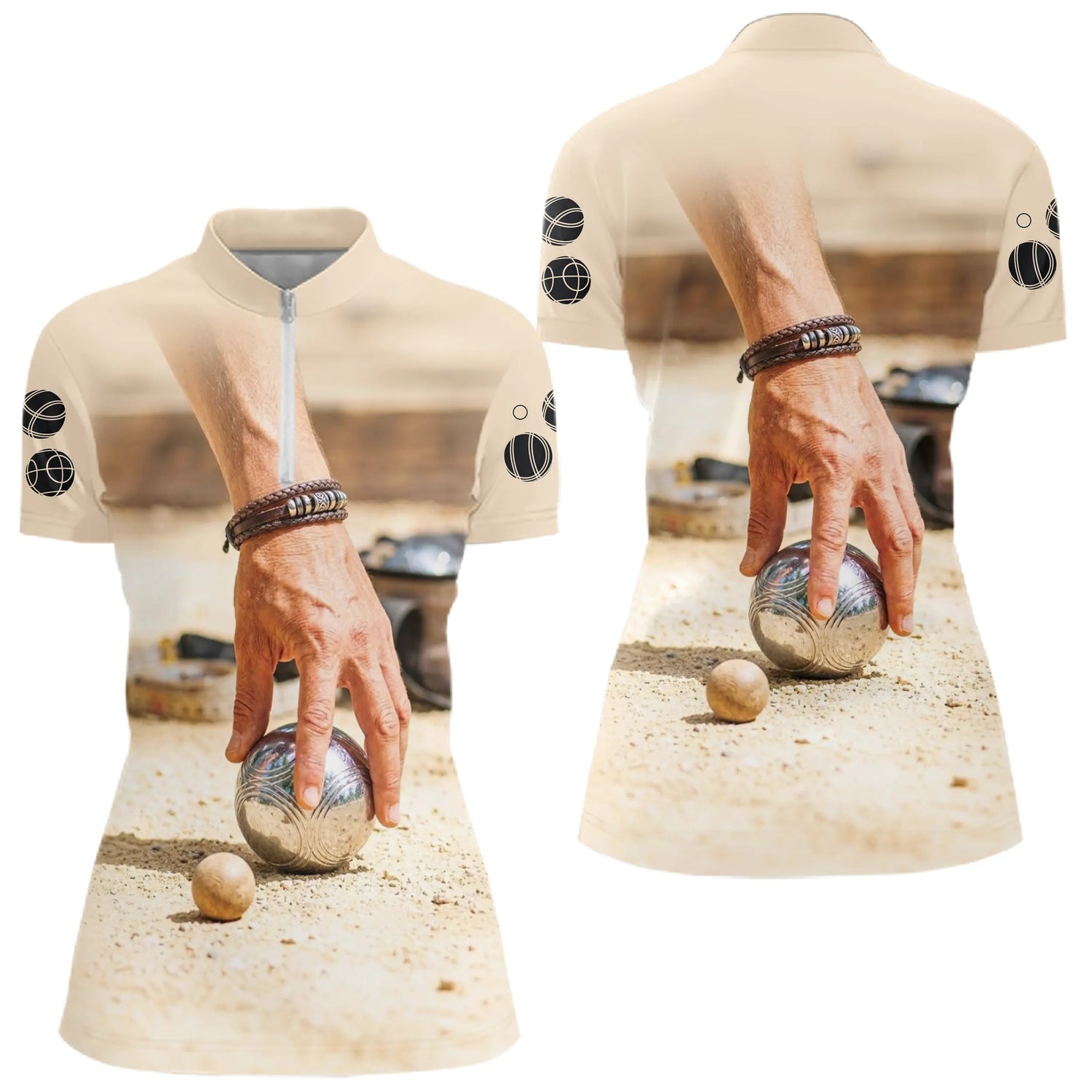 Polo Pétanque Homme Beige - Idée Cadeau Boules - Polo Zippé Femme