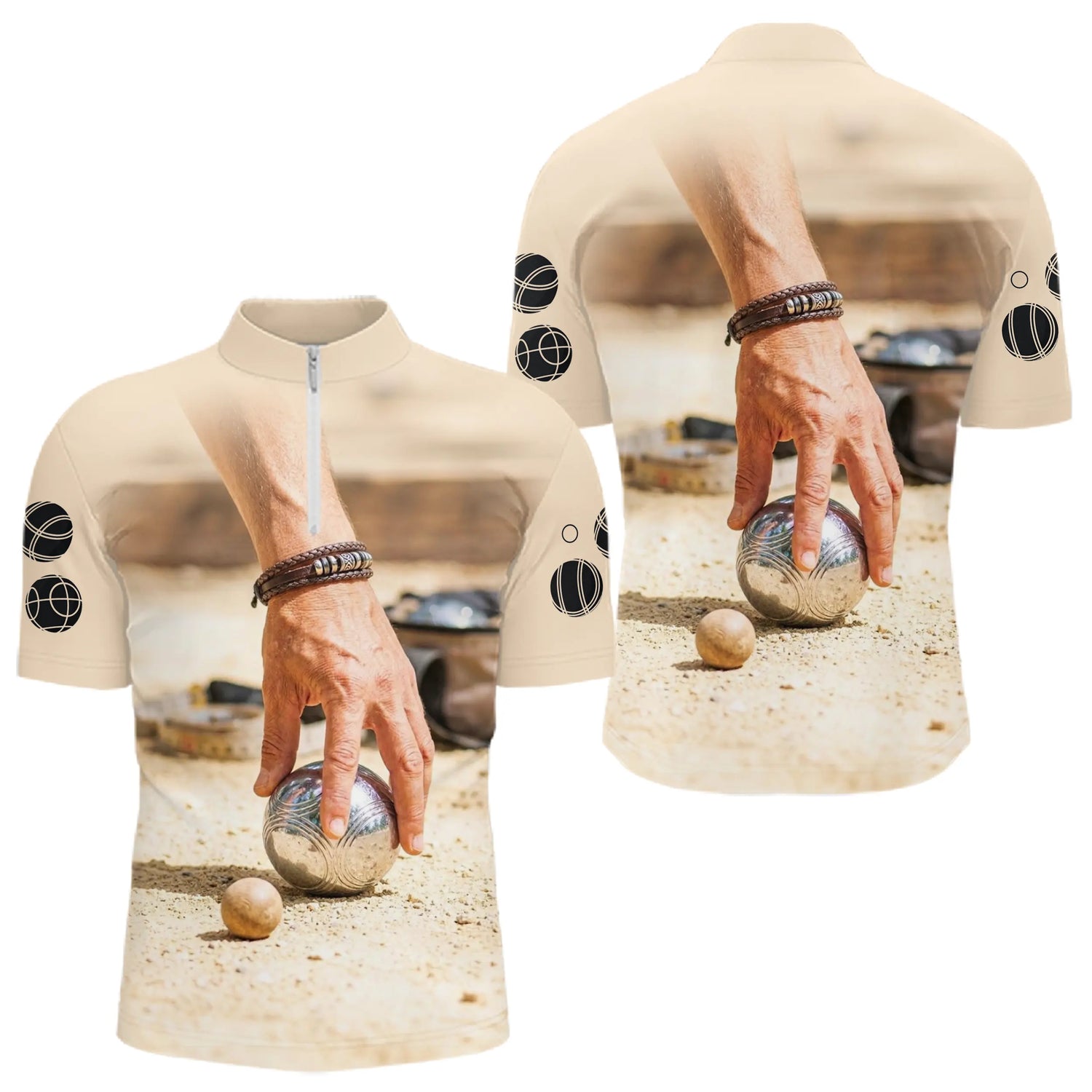 Polo Pétanque Homme Beige - Idée Cadeau Boules - Polo Zippé Homme