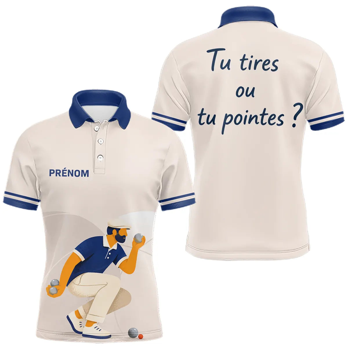 Polo Pétanque Homme Femme - Beige & Bleu Personnalisé - Polo Homme