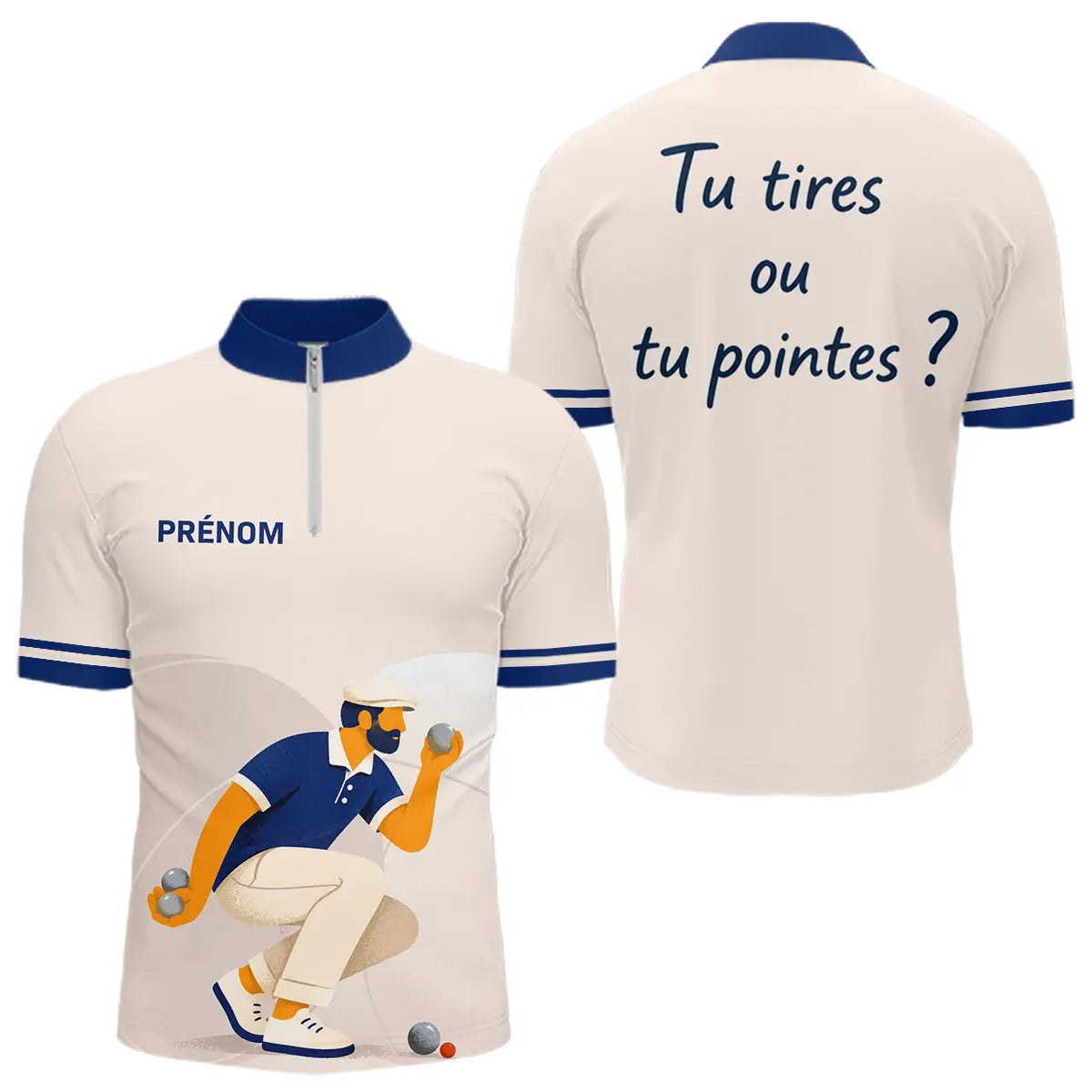 Polo Pétanque Homme Femme - Beige & Bleu Personnalisé - Polo Zippé Homme