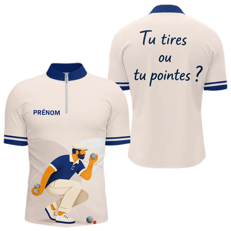 Polo Pétanque Homme Femme - Beige & Bleu Personnalisé - Polo Zippé Homme
