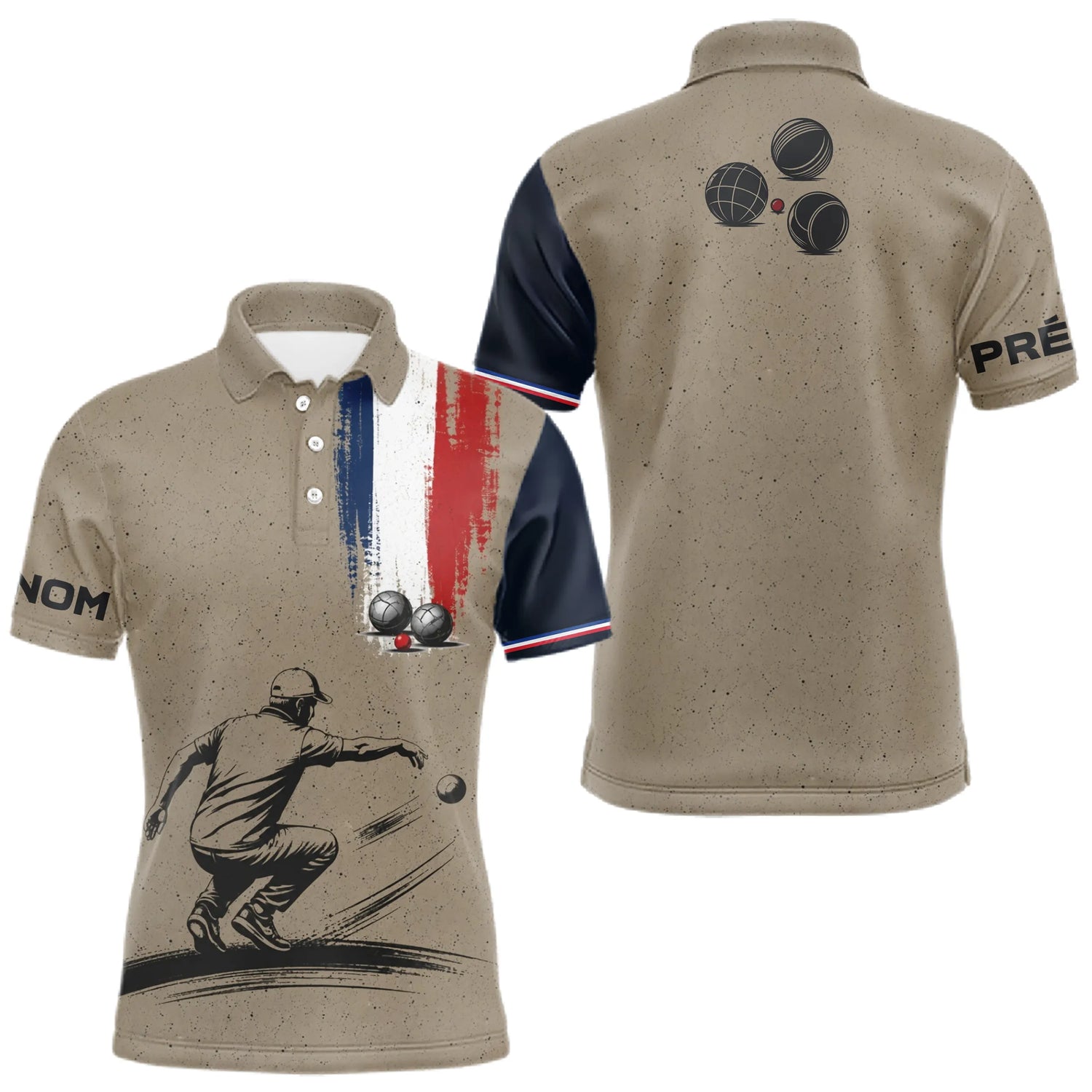 Polo Pétanque Homme Femme - Beige & Bleu Tricolore Personnalisé - Polo Homme