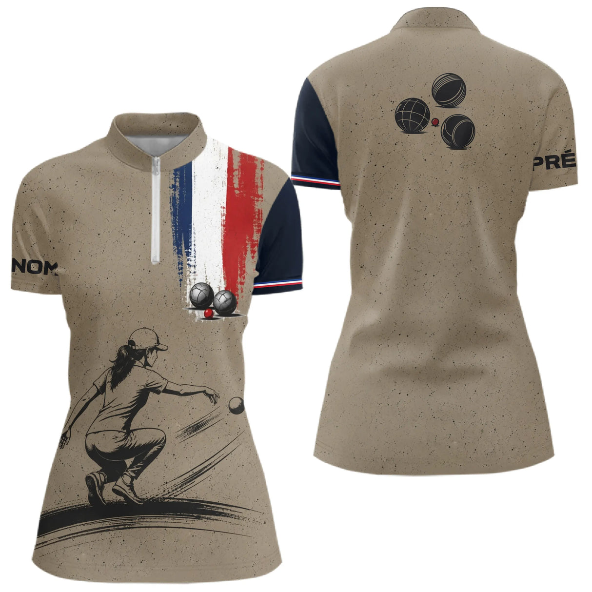 Polo Pétanque Homme Femme - Beige & Bleu Tricolore Personnalisé - Polo Zippé Femme