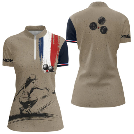 Polo Pétanque Homme Femme - Beige & Bleu Tricolore Personnalisé - Polo Zippé Femme
