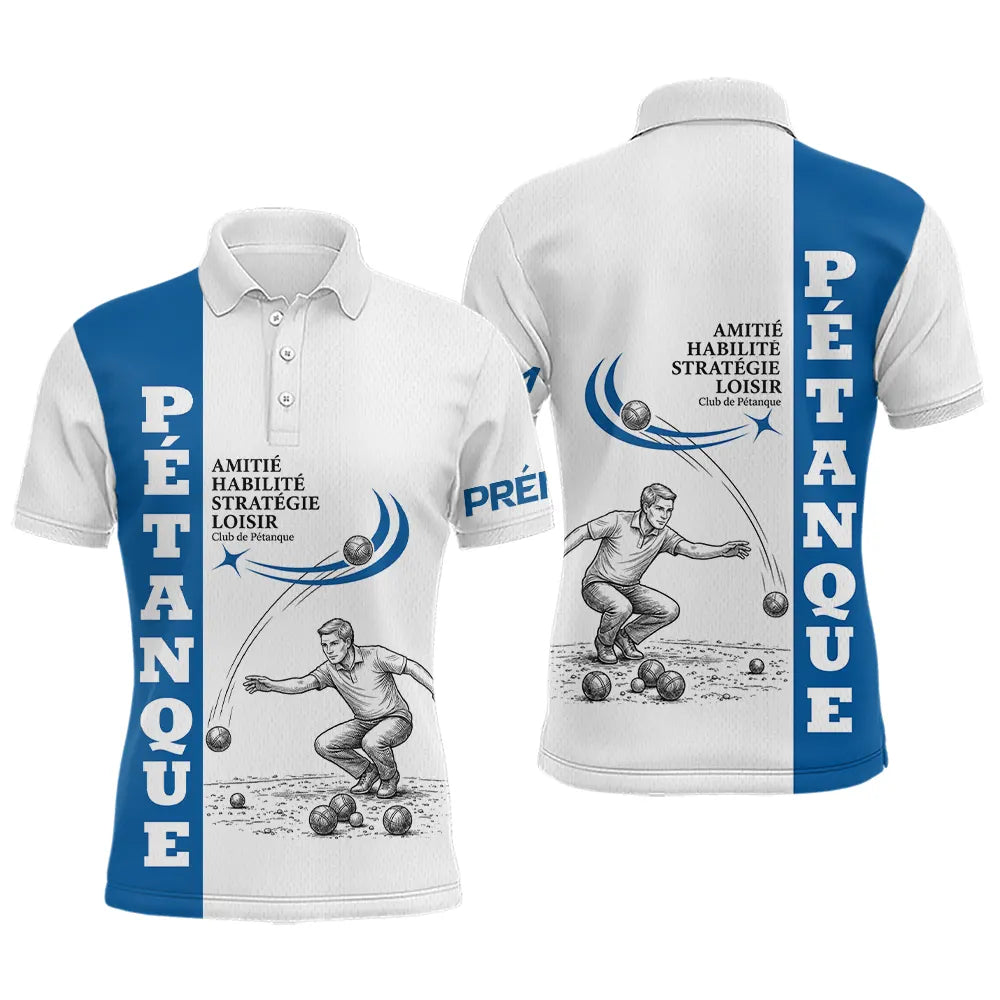 Polo Pétanque Homme Femme - Blanc & Bleu Club Bouliste - Polo Homme