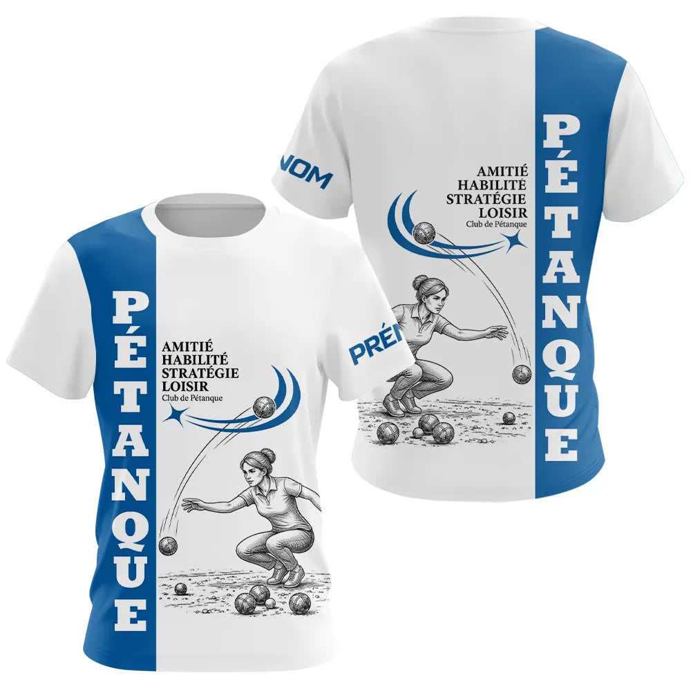 Polo Pétanque Homme Femme - Blanc & Bleu Club Bouliste - T-Shirt Femme