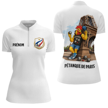 Polo Pétanque Homme Femme - Blanc & Coq Français - Polo Zippé Femme