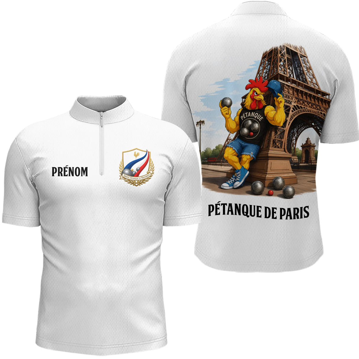 Polo Pétanque Homme Femme - Blanc & Coq Français - Polo Zippé Homme