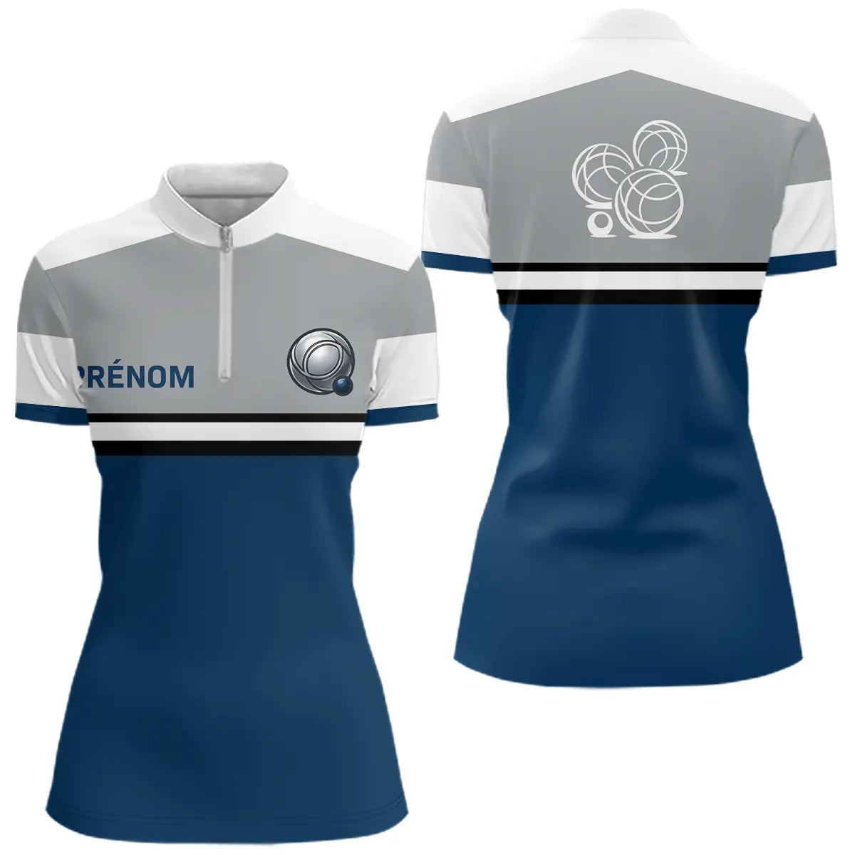 Polo Pétanque Homme Femme - Bleu Gris Personnalisé - Polo Zippé Femme