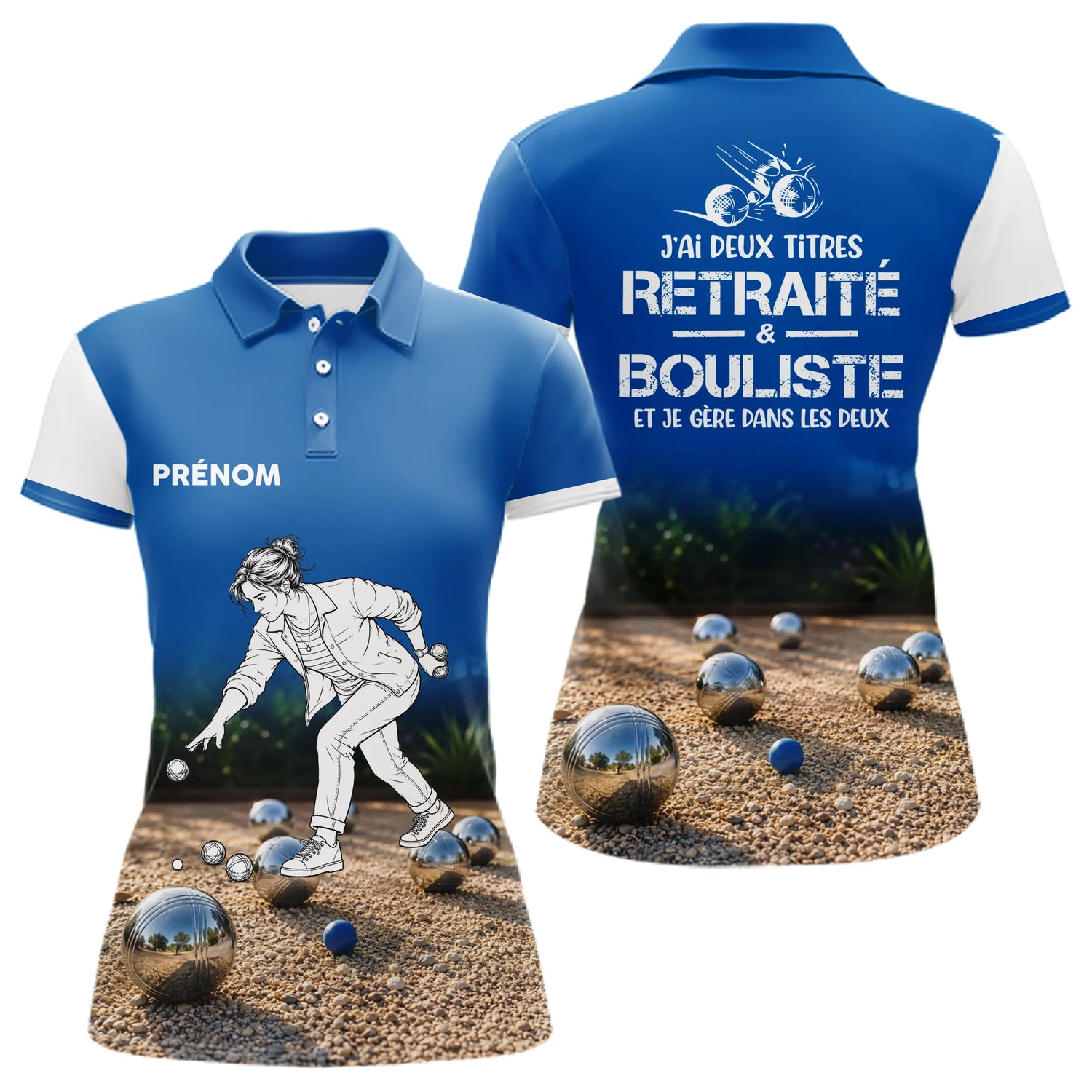 Polo Pétanque Homme Femme - Bleu Imprimé Prénom - Polo Femme
