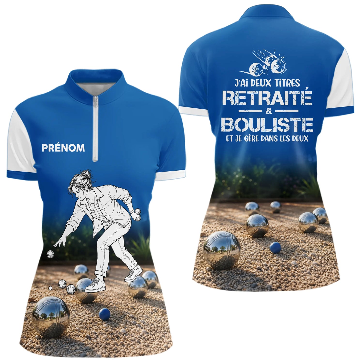 Polo Pétanque Homme Femme - Bleu Imprimé Prénom - Polo Zippé Femme