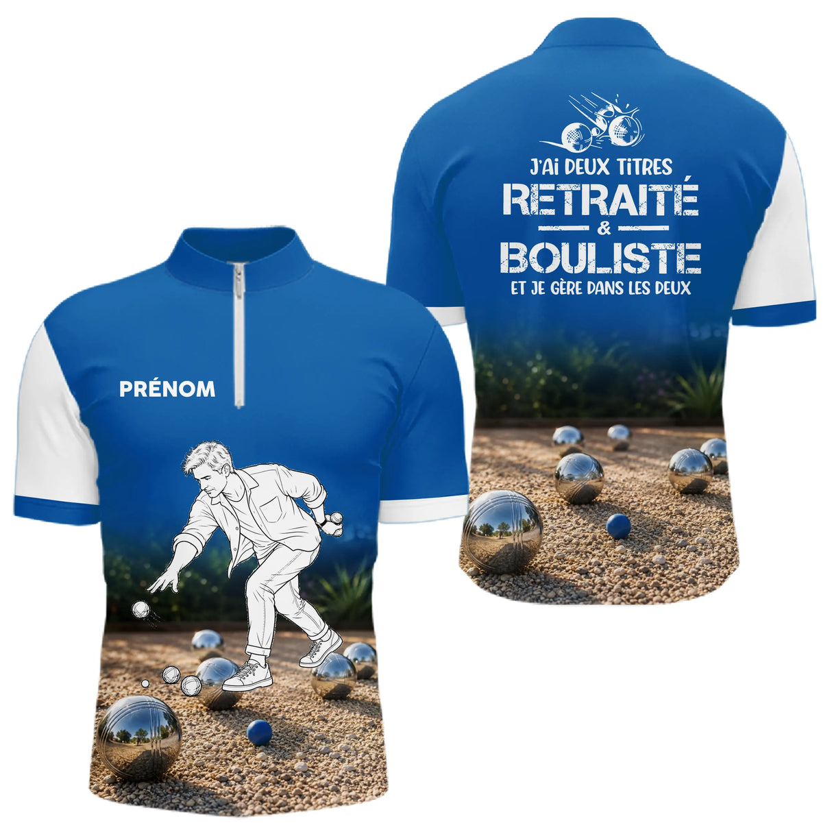 Polo Pétanque Homme Femme - Bleu Imprimé Prénom - Polo Zippé Homme