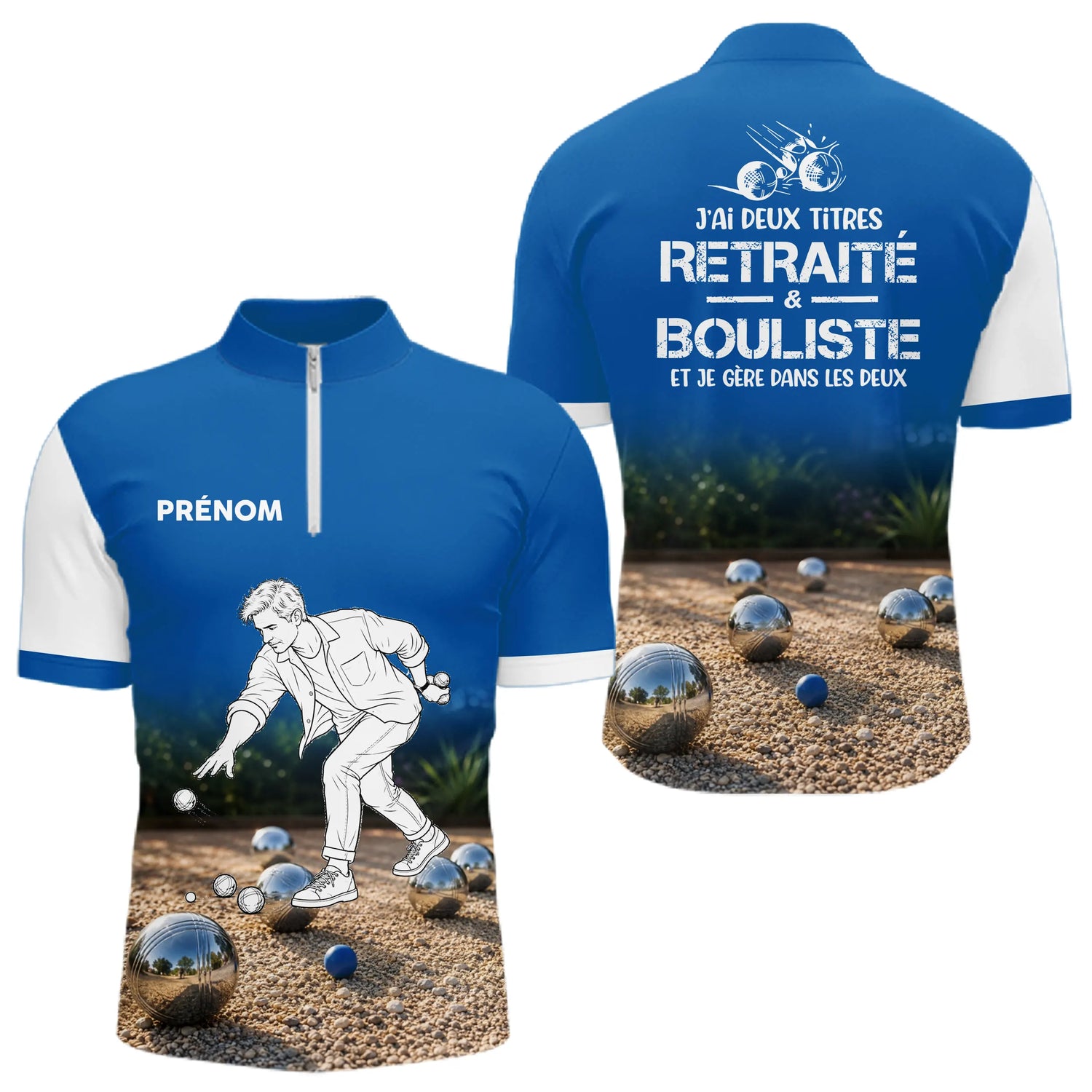 Polo Pétanque Homme Femme - Bleu Imprimé Prénom - Polo Zippé Homme