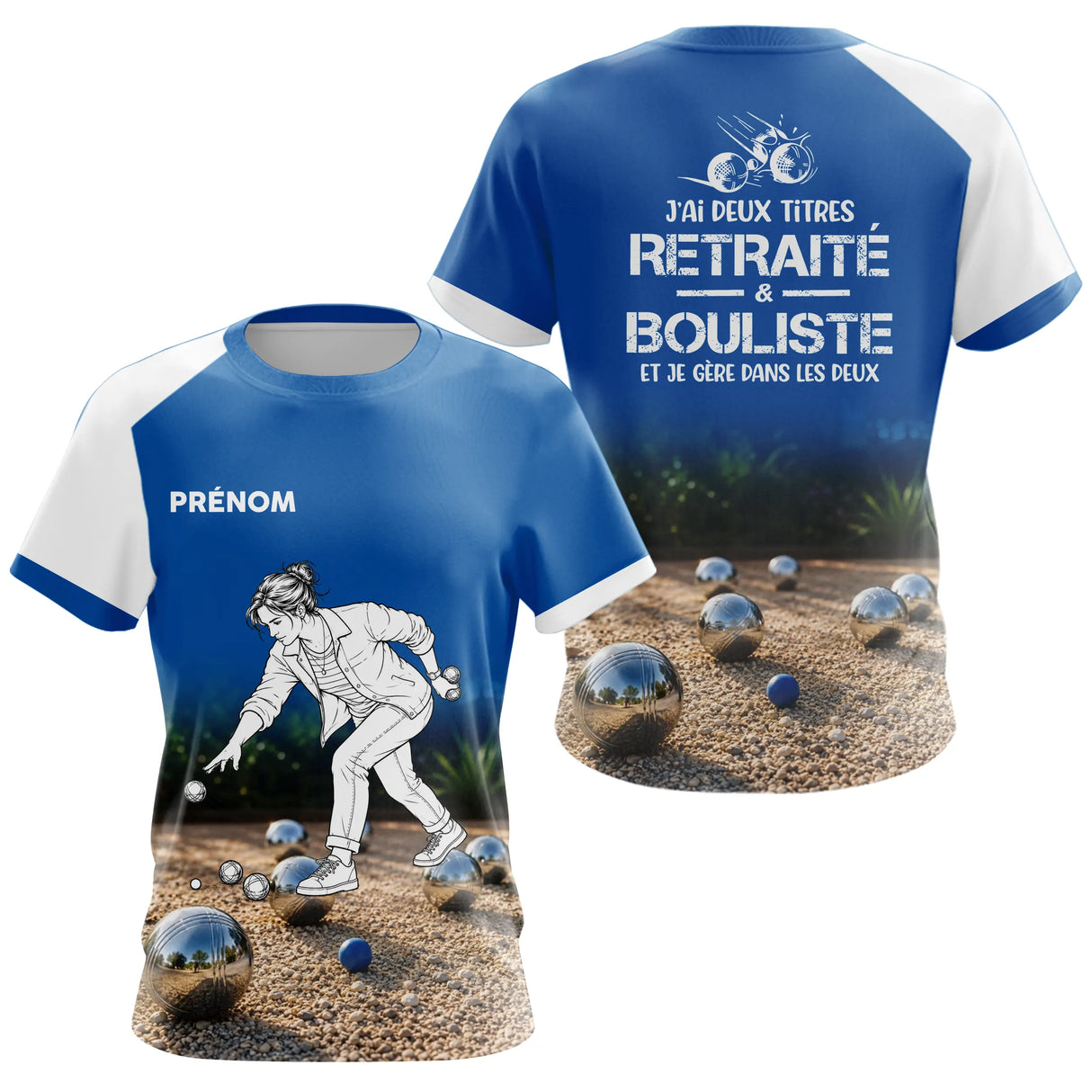 Polo Pétanque Homme Femme - Bleu Imprimé Prénom - T-Shirt Femme
