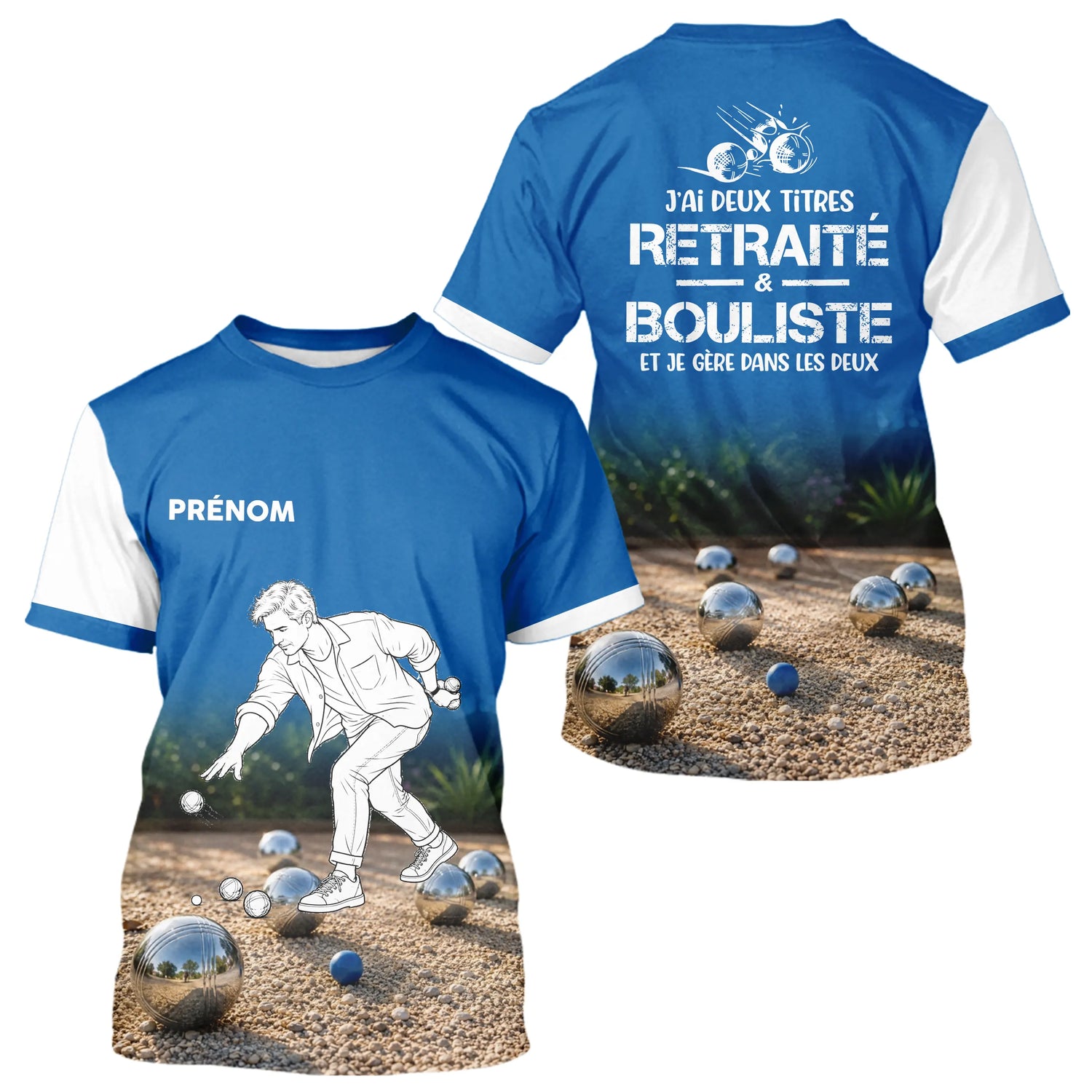 Polo Pétanque Homme Femme - Bleu Imprimé Prénom - T-Shirt Homme