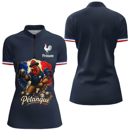 Polo Pétanque Homme Femme - Bleu & Marine Coq Gaulois - Polo Zippé Femme