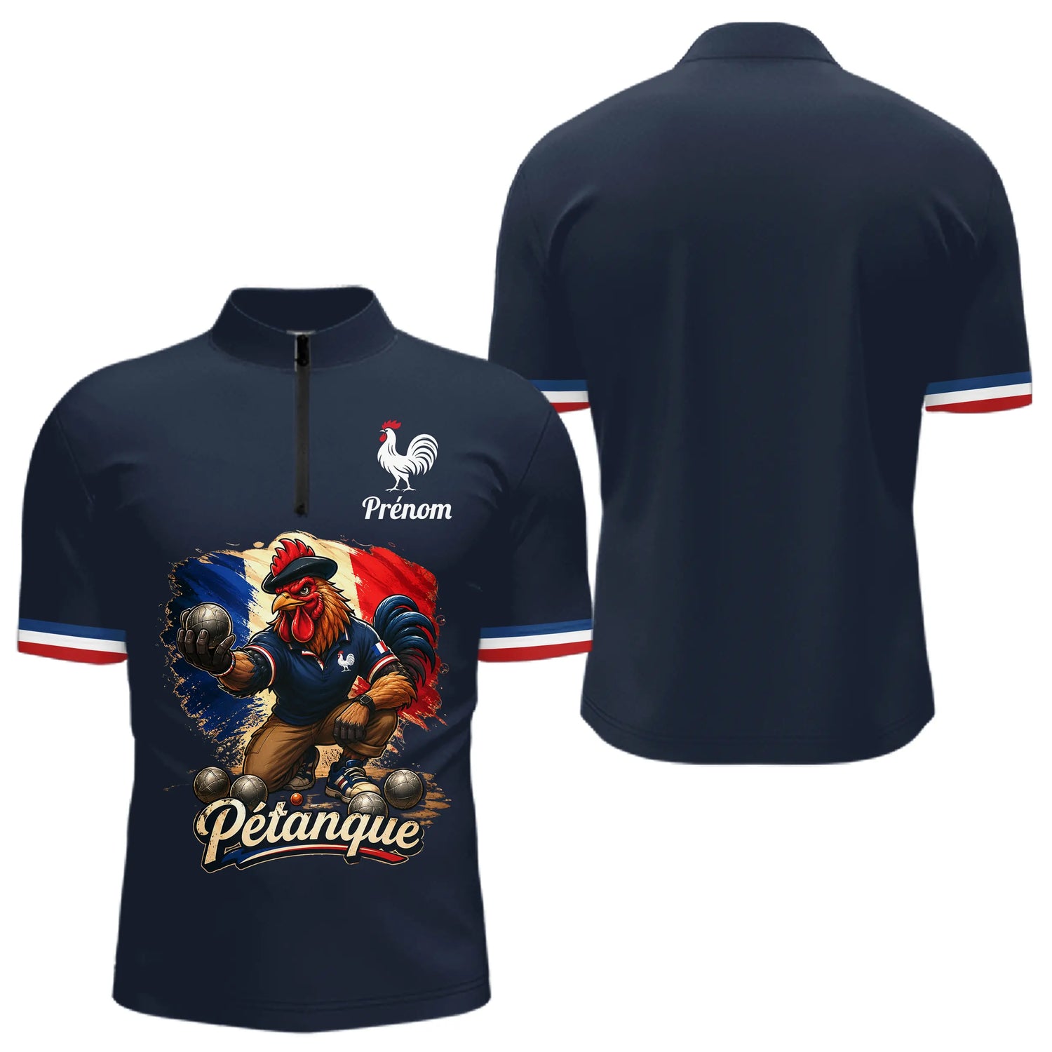 Polo Pétanque Homme Femme - Bleu & Marine Coq Gaulois - Polo Zippé Homme