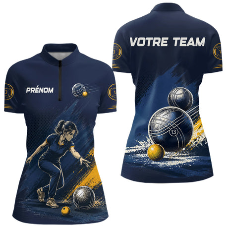 Polo Pétanque Homme Femme - Bleu Équipe Personnalisé - Polo Zippé Femme