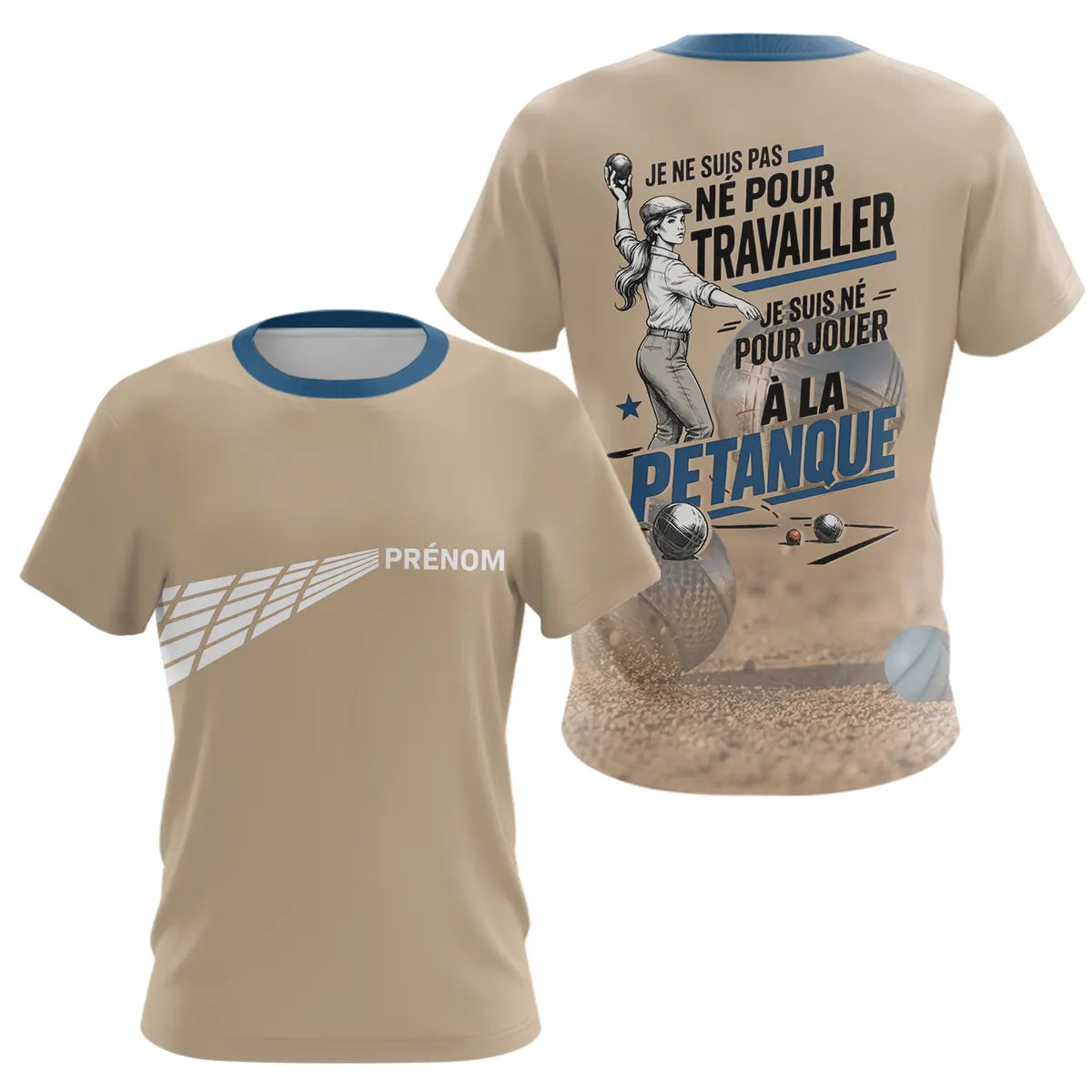 Polo Pétanque Homme Femme - Boules Humour Beiges & Bleu - T-Shirt Femme