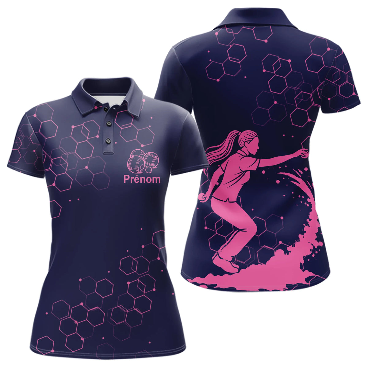 Polo Pétanque Homme Femme - Bouliste Navy et Rose Personnalisé - Polo Femme