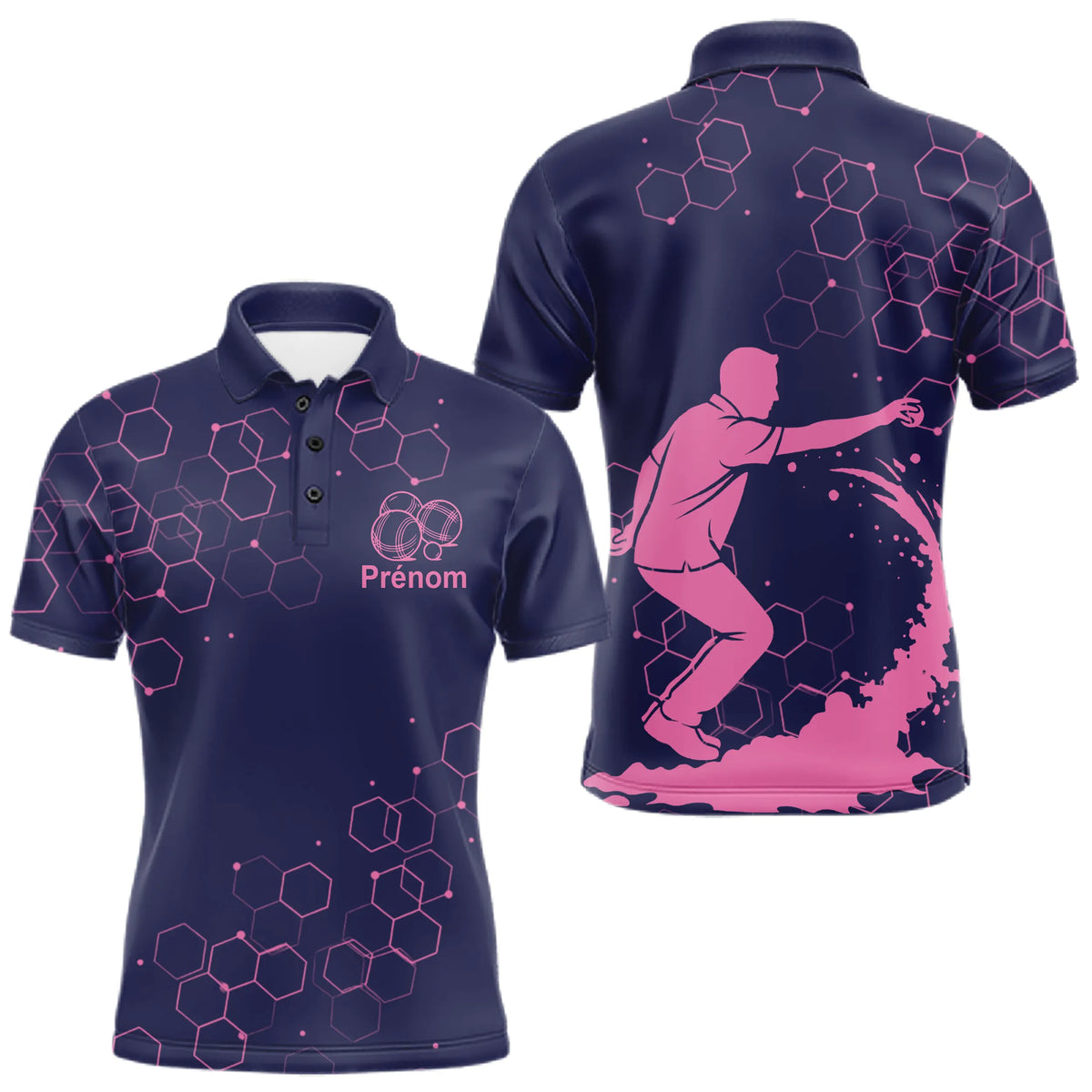 Polo Pétanque Homme Femme - Bouliste Navy et Rose Personnalisé - Polo Homme